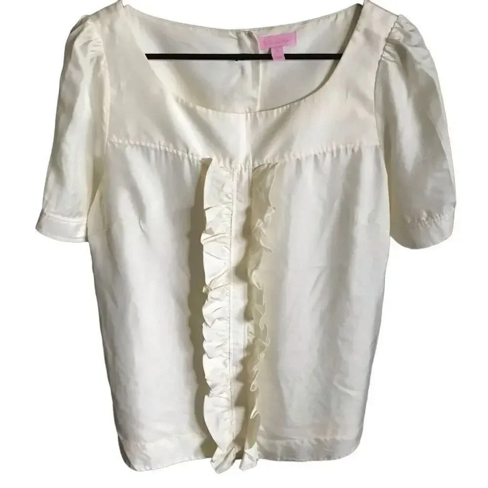 Lilly Pulitzer 100% Silk blouse top ivory cream Size 10 short sleeve